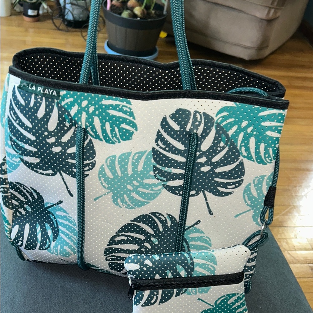 Teal Palm-Print Tote Bag – Tropical Neoprene Beach Bag